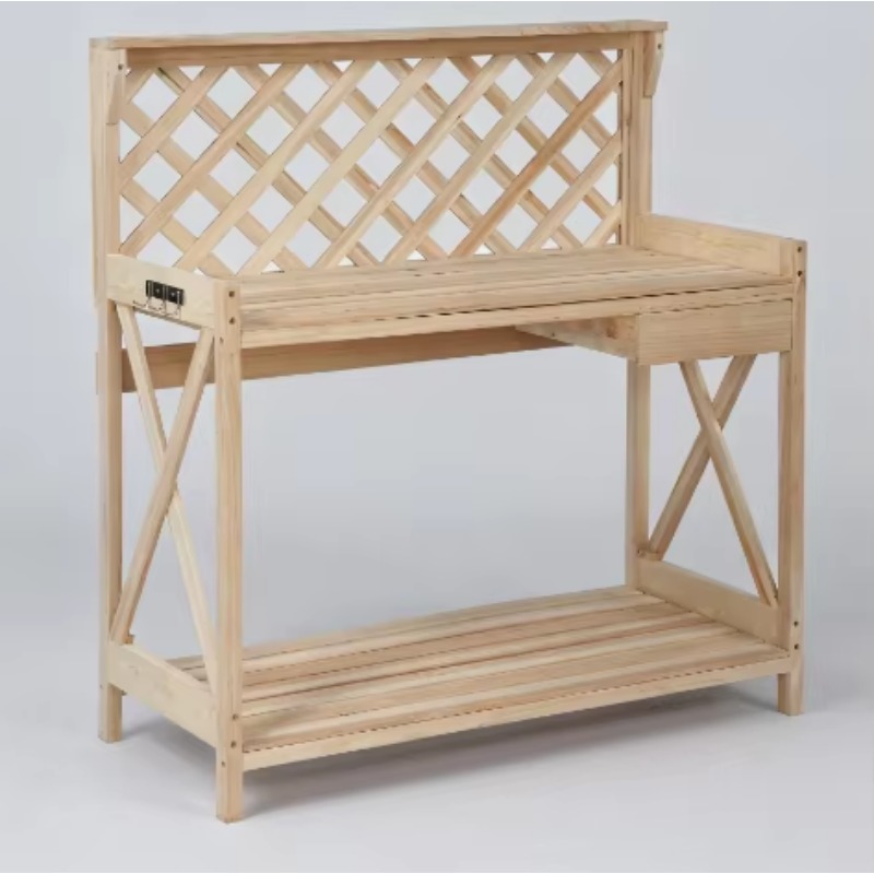 Woodworking Factory - 工場直販 天然色木製ガーデニングベンチ 収納棚、引き出し、フック、作業台付き