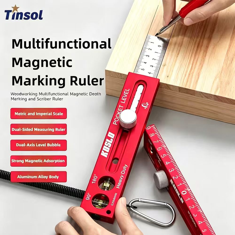 Woodworking Classes - TINSOL 多機能磁気定規 アルミ合金製定規 水準線付き メートル法・ヤード・ポンド法対応 木工用マーキング定規