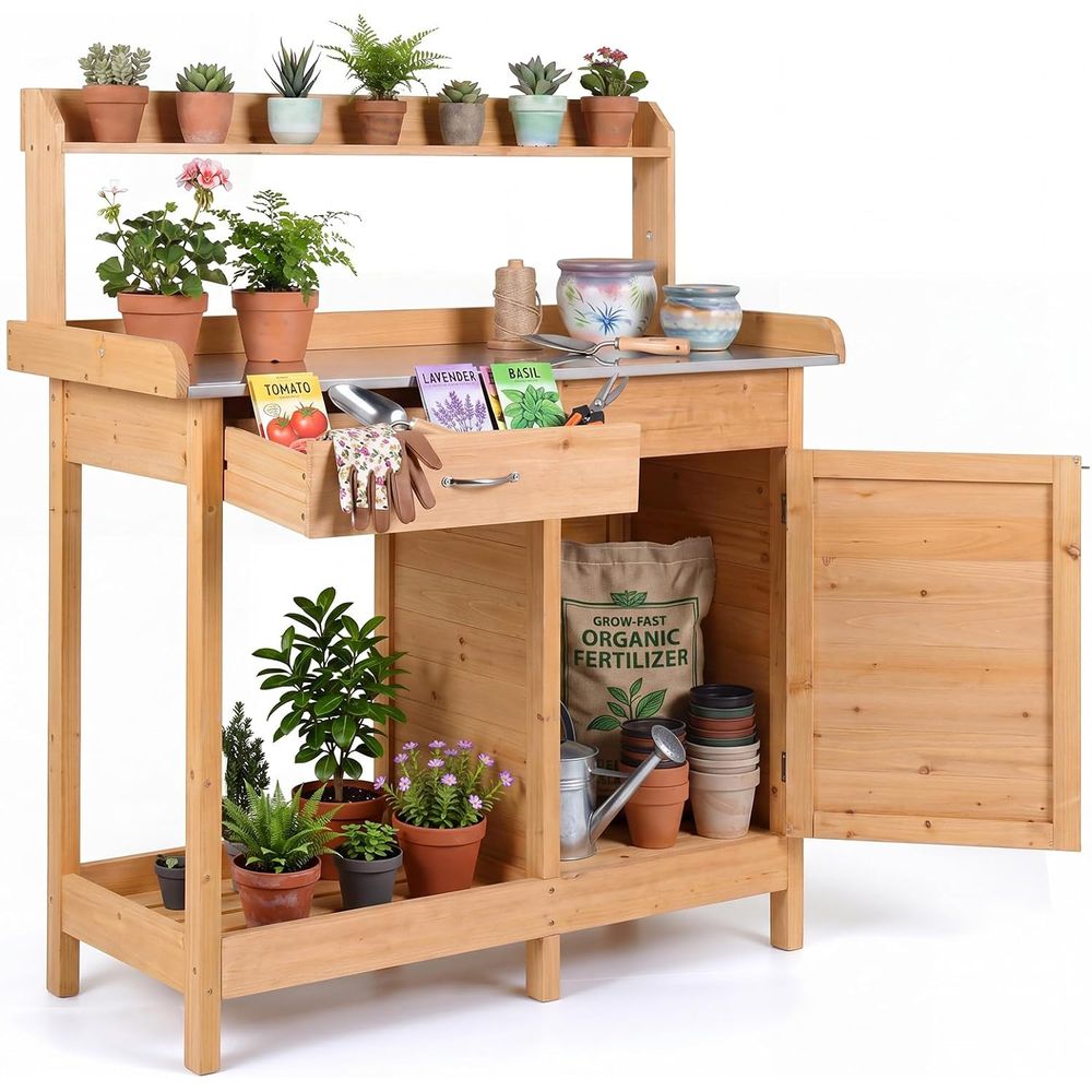 Woodworking Bench - 屋外用植木鉢置き台 木製ガーデンワークステーション 収納キャビネット付き オープンシェルフ サイドフック付き 金属製テーブルトップ