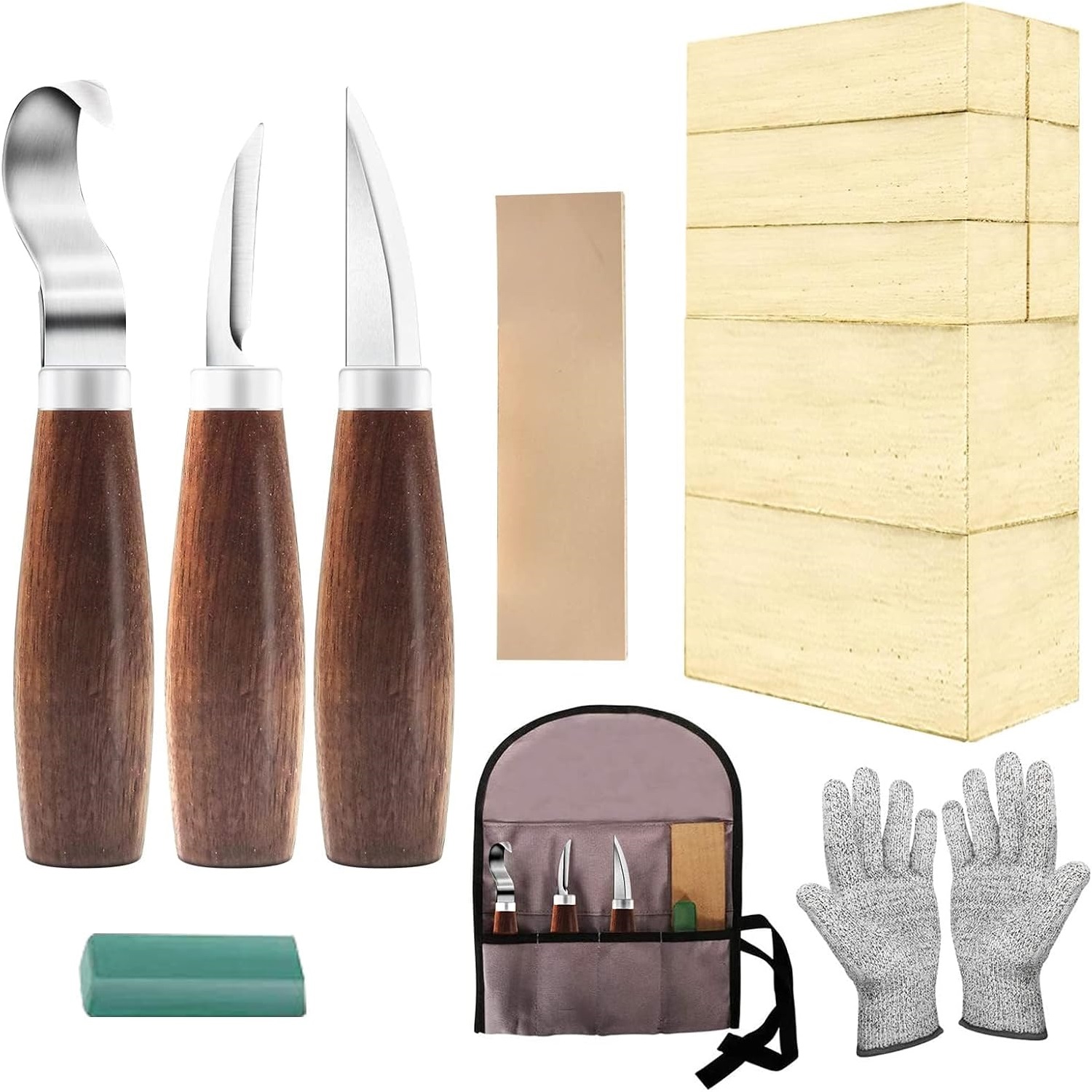 Woodworking Kits For Beginners - 大人と子供の初心者向けのバスウッドブロックセット付き木彫り初心者キット、ウィッディングナイフ3本、ブロック8本などが含まれます。