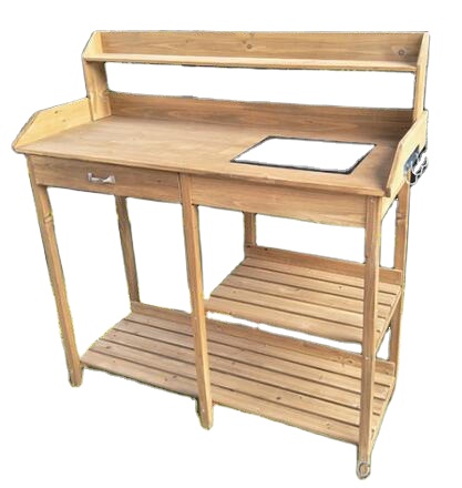 Woodworking Bench - 木製の植木鉢置き台（シンク付き）、屋外ガーデンテーブル（棚付き作業台）、芝生やパティオ用ワークステーション