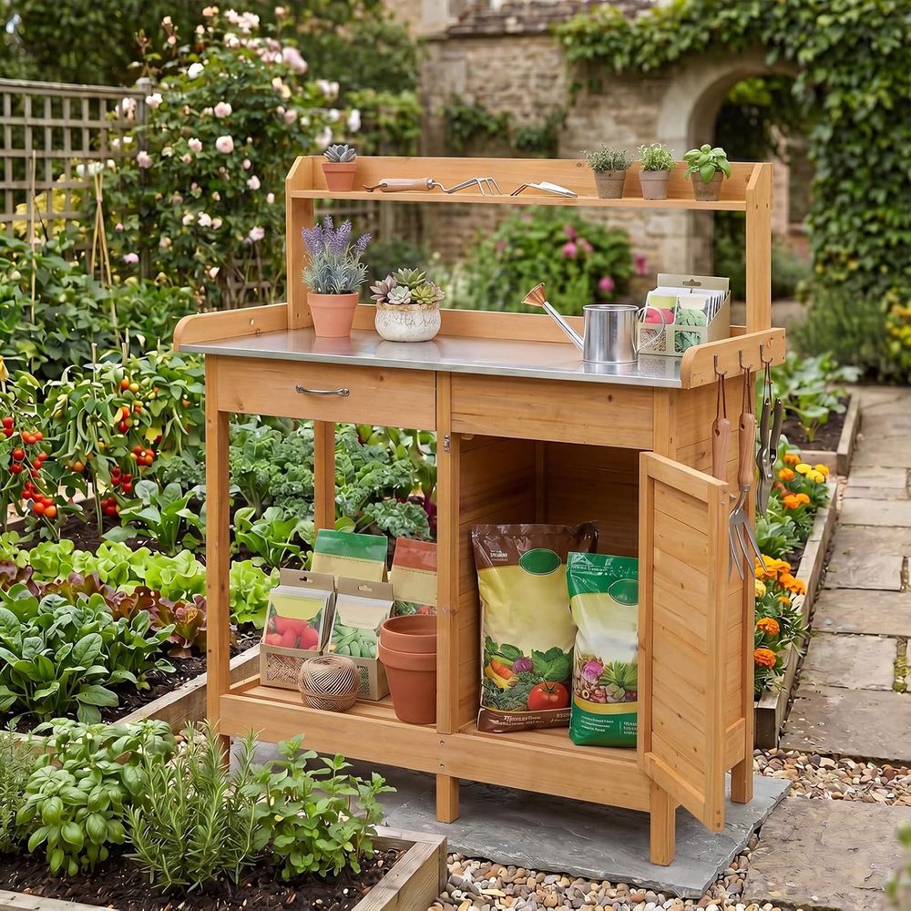 屋外用植木鉢置き台 木製ガーデンワークステーション 収納キャ - Woodworking Bench のレビューと価格